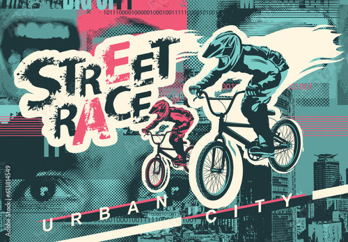 Vector banner or flyer with cyclists on the bikes and words Street race. Extreme sport on the urban background. Poster for street race, bicycle club, extreme sports in modern style
