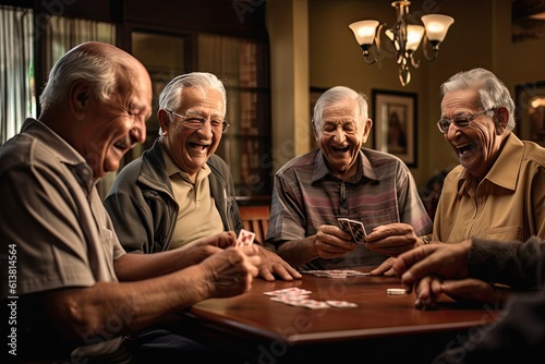 Joyful group of seniors playing cards and sharing laughter in a retirement nursing home, camaraderie and enjoyment create a warm and lively atmosphere in the community living space. Generative Ai