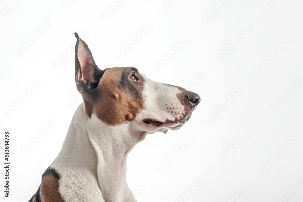 Portrait Of Dog Bull Terrier In Profile On White Background. Empty Space. Generative AI Portrait Of Dog Bull Terrier In Profile On White Background. Empty Space. Generative AI