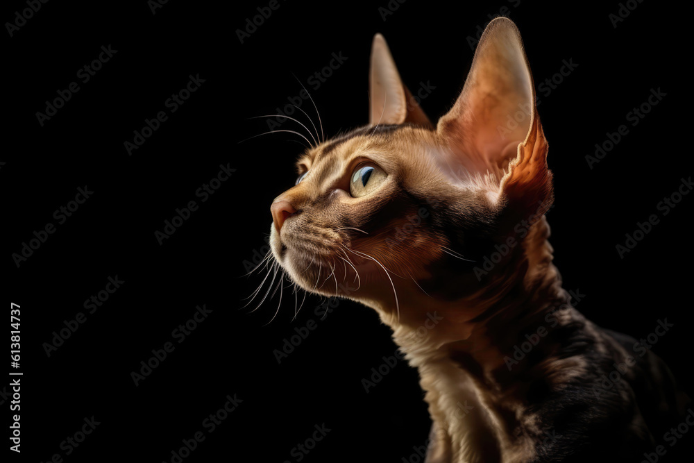 Portrait Of Cat Devon Rex In Profile On Black Matte Background. Empty Space. Generative AI