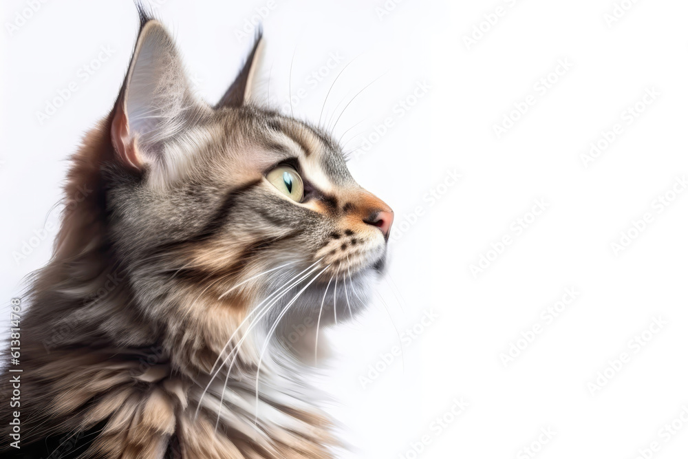 Portrait Of Cat Kurilian Bobtail In Profile On White Background. Empty Space. Generative AI