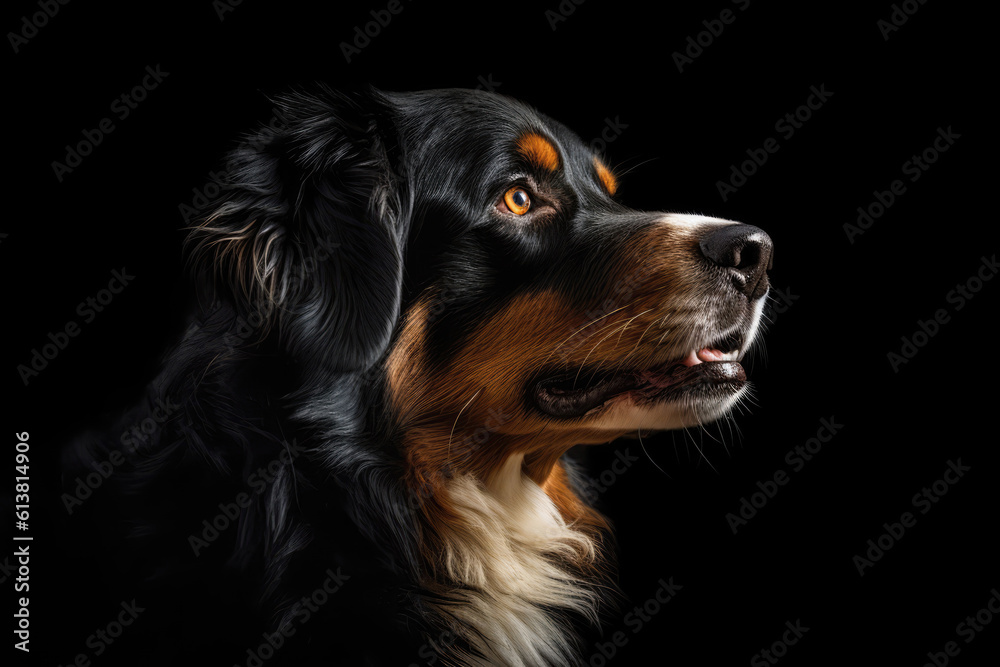 Portrait Of Dog Bernese Mountain Dog In Profile On Black Matte Background. Generative AI