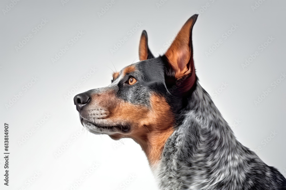 Portrait Of Dog Australian Cattle Dog In Profile On White Background. Empty Space. Generative AI