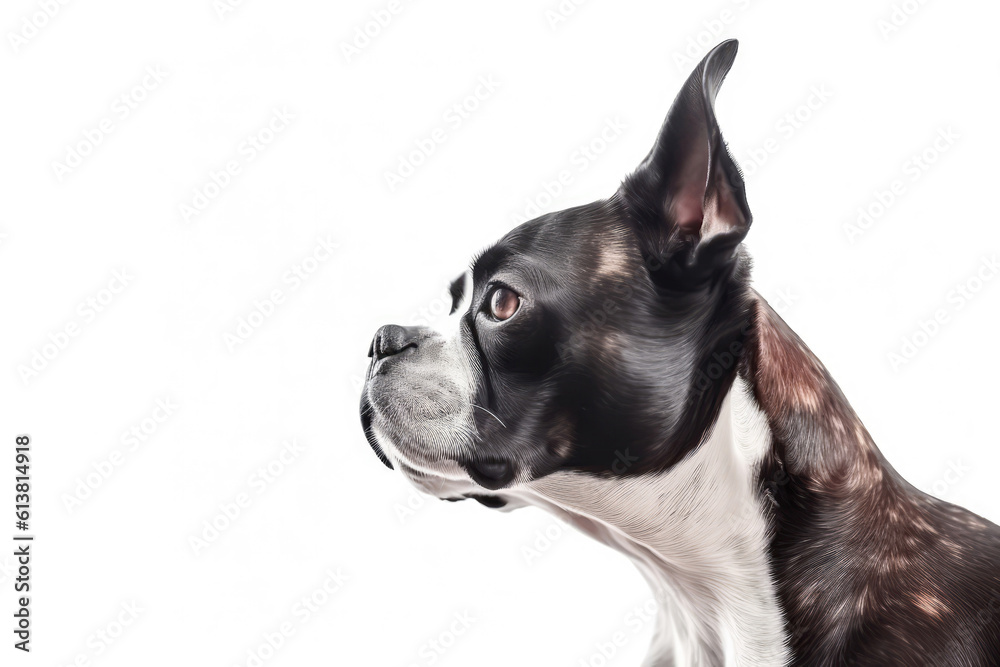 Portrait Of Dog Boston Terrier In Profile On White Background. Empty Space. Generative AI