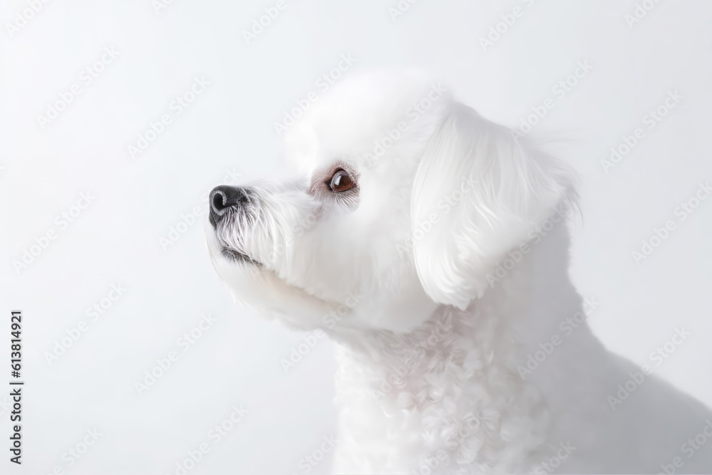 Portrait Of Dog Bichon Frise In Profile On White Background. Empty Space. Generative AI Portrait Of Dog Bichon Frise In Profile On White Background. Empty Space. Generative AI