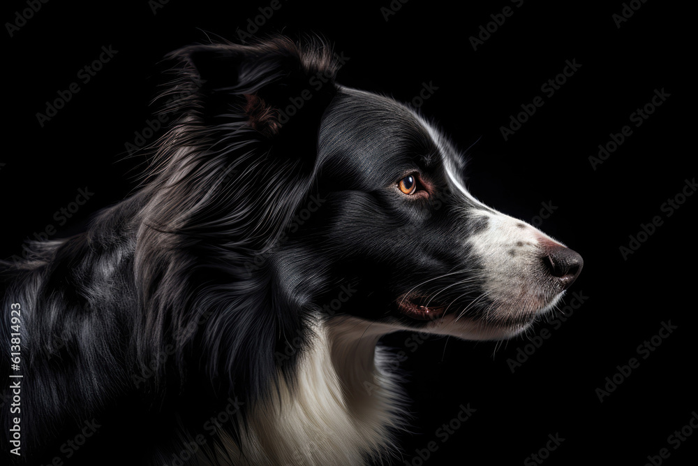 Portrait Of Dog Border Collie In Profile On Black Matte Background. Generative AI