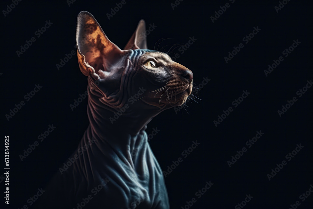 Portrait Of Cat Sphynx In Profile On Black Matte Background. Empty Space. Generative AI