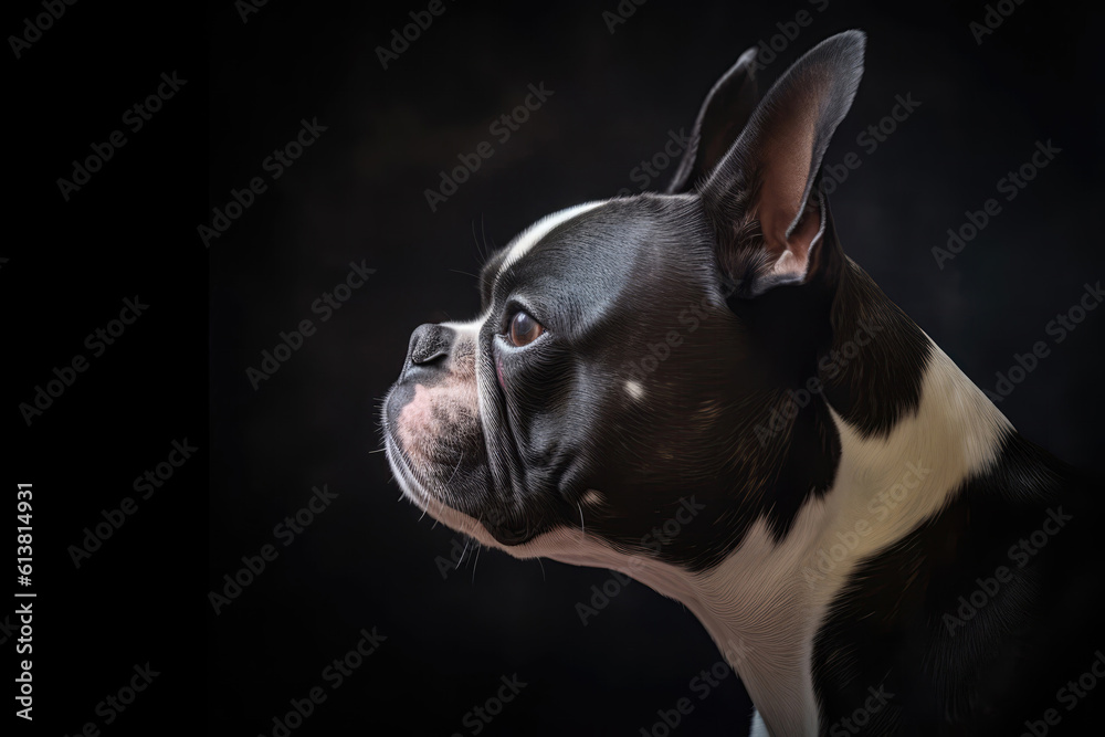 Portrait Of Dog Boston Terrier In Profile On Black Matte Background. Empty Space. Generative AI