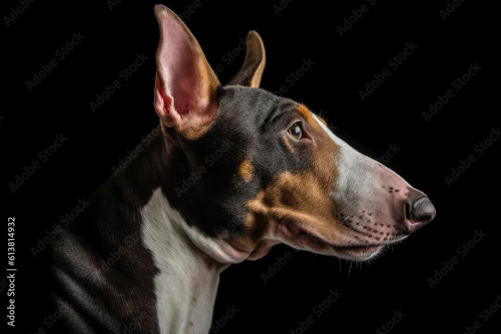 Portrait Of Dog Bull Terrier In Profile On Black Matte Background. Generative AI