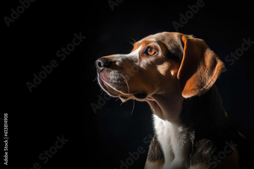 Portrait Of Dog Beagle In Profile On Black Matte Background. Empty Space. Generative AI