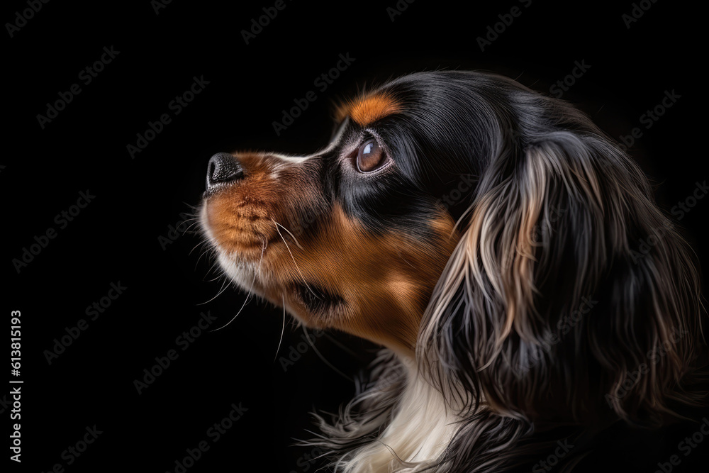 Portrait Of Dog Cavalier King Charles Spaniel In Profile On Black Matte Background. Empty Space. Generative AI