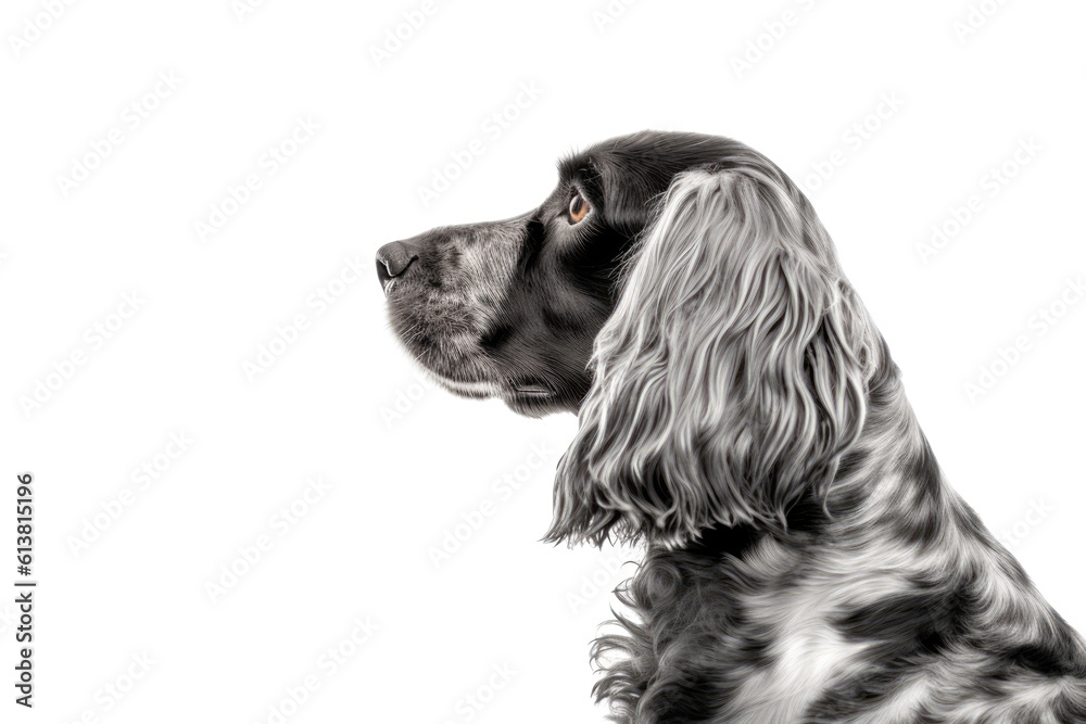 Portrait Of Dog Cocker Spaniel In Profile On White Background. Empty Space. Generative AI