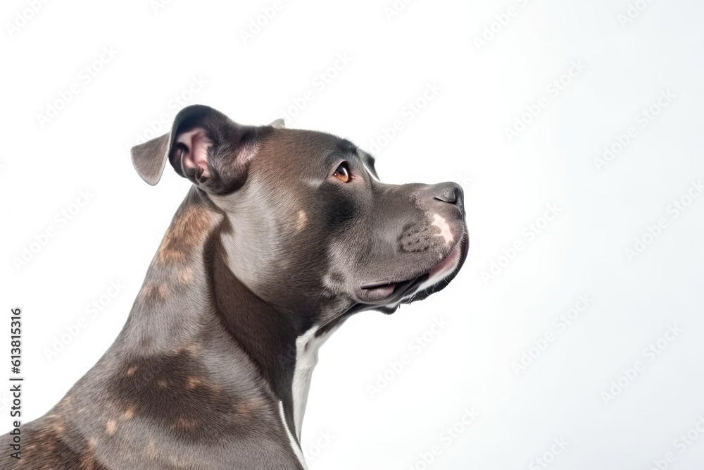 Portrait Of Dog Staffordshire Bull Terrier In Profile On White Background. Empty Space. Generative AI