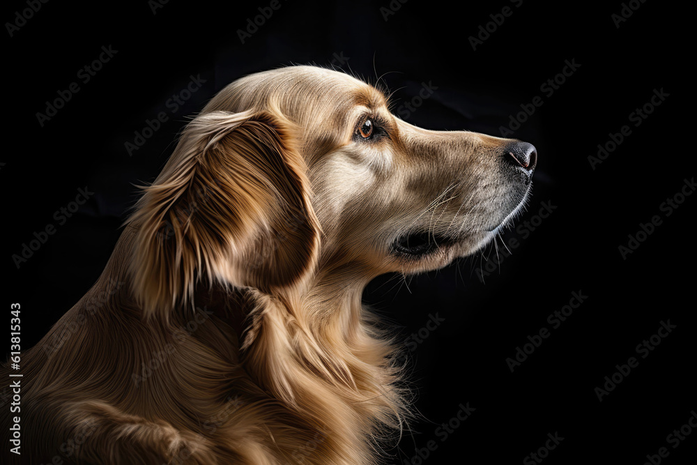 Portrait Of Dog Golden Retriever In Profile On Black Matte Background. Generative AI