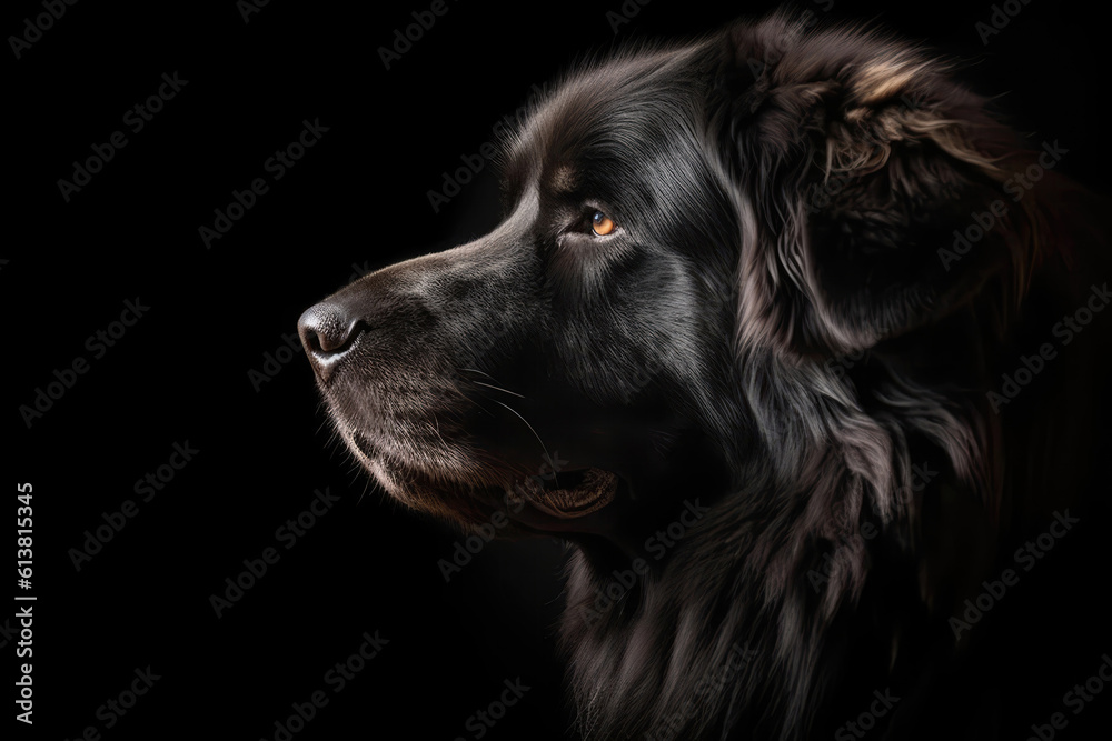 Portrait Of Dog Newfoundland In Profile On Black Matte Background. Generative AI Portrait Of Dog Newfoundland In Profile On Black Matte Background. Generative AI