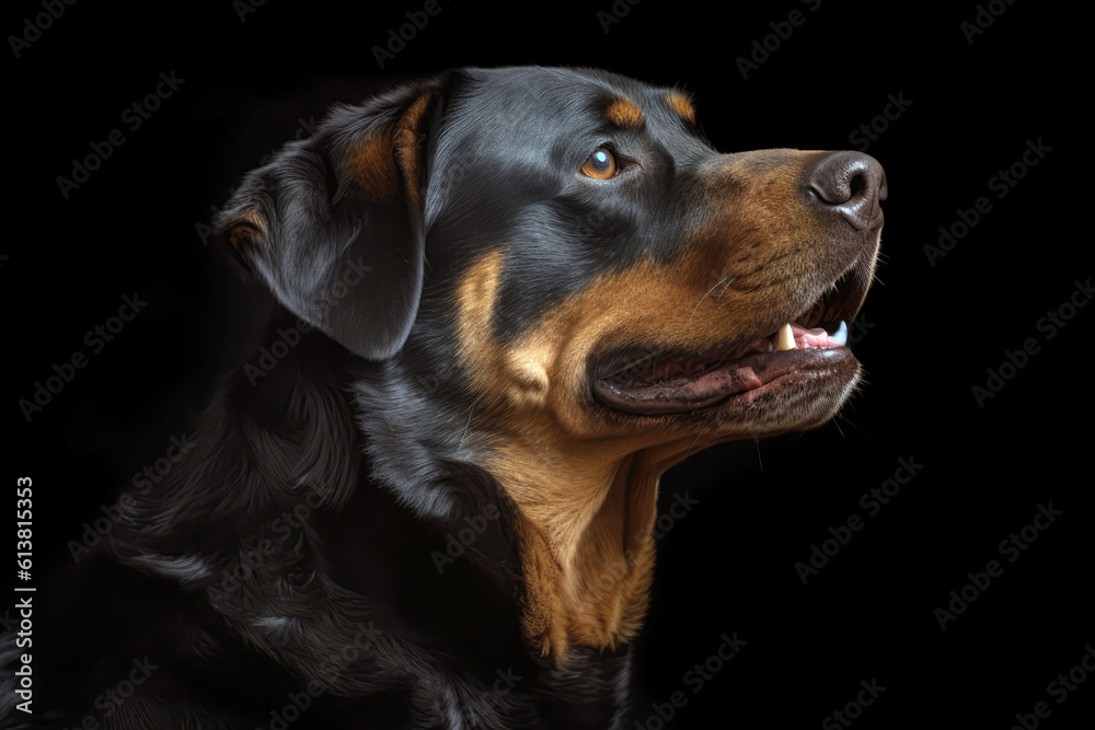 Portrait Of Dog Rottweiler In Profile On Black Matte Background. Generative AI