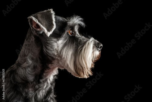 Portrait Of Dog Miniature Schnauzer In Profile On Black Matte Background. Generative AI