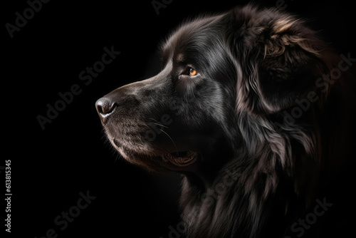 Portrait Of Dog Newfoundland In Profile On Black Matte Background. Generative AI