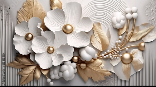 3d mural illustration white amp blue background with red golden jewelry and flowers in black decorat