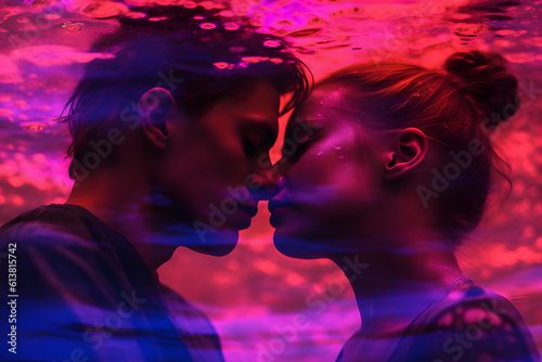 Romatic couple kissing in underwater red background. a dream scene. psychedelic love scene. Red light love scene, kiss., Valentine day card, Love concept. , photo