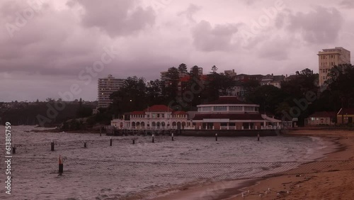 Manly's sea life building amidst a stormy backdrop. Demolition architecture abandoned planning, beauty of coastal architecture in this captivating coastal destinationn 4k photo