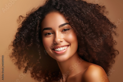 Beautiful girl smiling with curly hair and clean healthy skin, looking into the camera. Generative AI and digital editing.