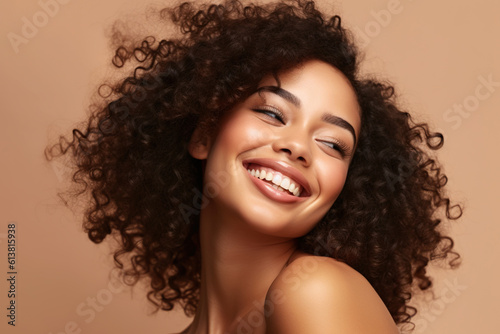 Beautiful girl smiling with curly hair and clean healthy skin on beige background. Generative AI and digital editing.