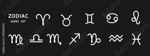 Zodiac white signs set isolated on dark background. Zodiac line stylized symbols. Astrological calendar collection, horoscope constellation vector illustration