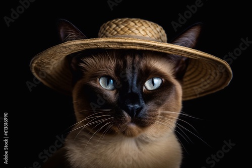 Siamese cat using hat on black background. Generative AI 