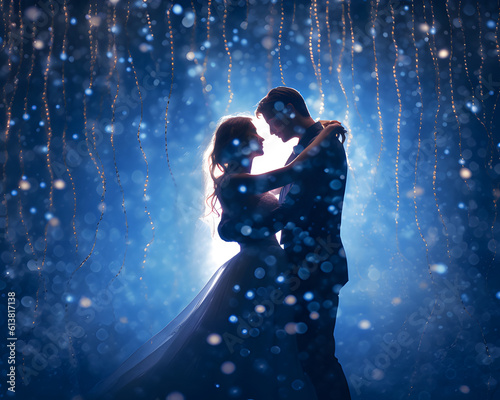 Couple dancing  on LED ribbon light, light blue background.  a dream scene. psychedelic love scene.. The concept of love and happiness.Valentine and Love Card. . photo