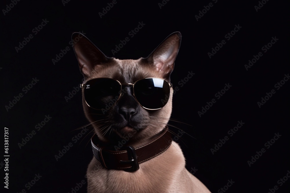 Siamese cat using sunglasses on black background. Generative AI 