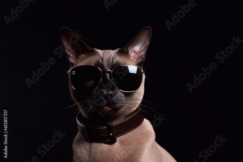 Siamese cat using sunglasses on black background. Generative AI  © moufau