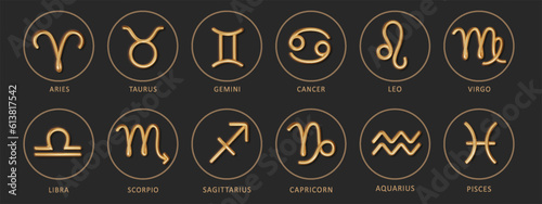 Luxury Zodiac gold signs on dark background. Realistic Astrological signs set vector Illustration.