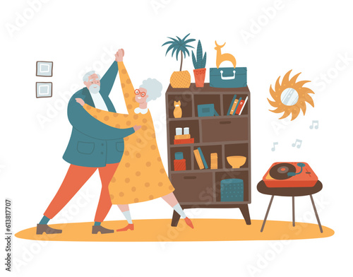 Elderly couple dancing at home. Senior man and woman, happy romantic couple retired. Isolated room interior with retro furniture. Flat hand drawn vector illustration