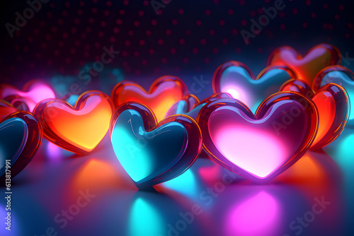 Cyber shiny hearts on black techno background. a shining concept of modern love. Techno cyber lights heart simoli romance, glow love, valentine day concept. group love
 photo