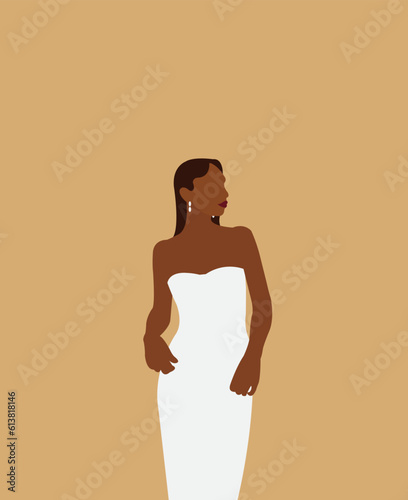Illustration of a girl in a white dress on a yellow background.
