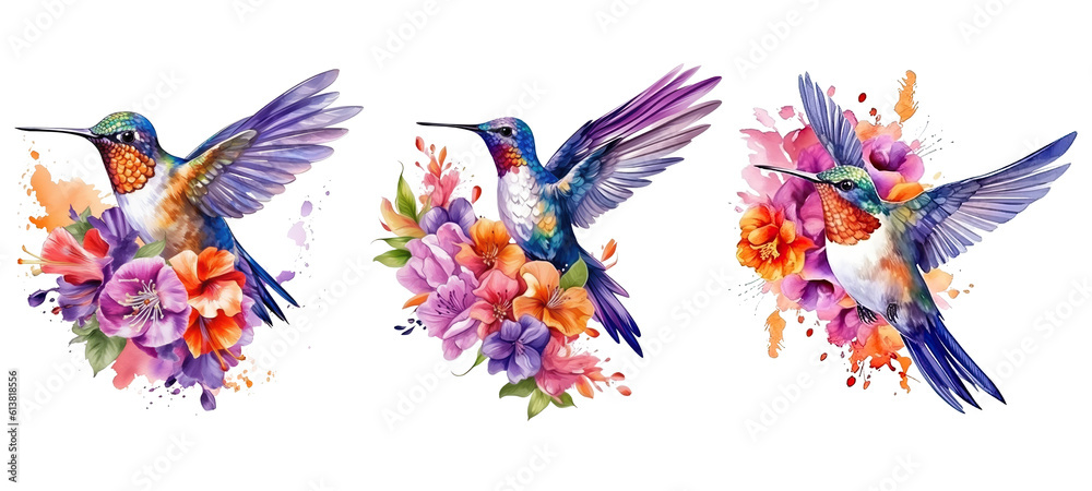 Fototapeta premium Watercolor Floral Hummingbird. Generative AI