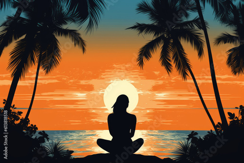 young woman silhouette in yoga lotus pose on tropical palm beach nature landscape illustration Generative AI