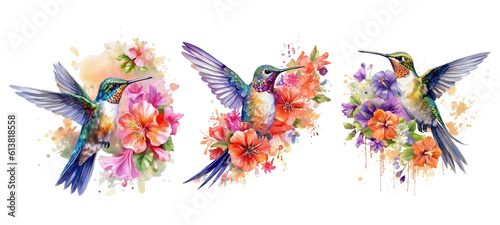 Watercolor Floral Hummingbird. Generative AI © Aspect_Studio
