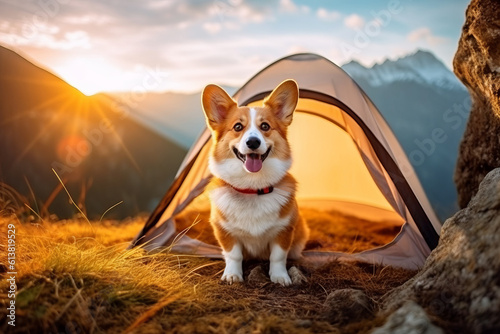 Generative AI camping in mountains with a dog. Red and white welsh corgi pembroke puppy is little traveler. Front view. The dog travels in the mountains in summer.