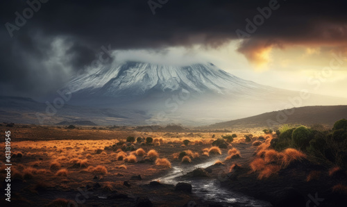 "Embracing Majesty: Dramatic Clouds Embrace Mount Kilimanjaro's Splendor - Witness the awe-inspiring beauty of Mount Kilimanjaro as dramatic clouds envelop its majestic peak in this captivating scene.