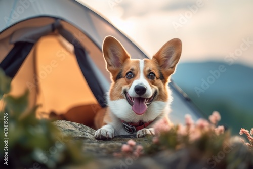 Generative AI camping in mountains with a dog. Red and white welsh corgi pembroke puppy is little traveler. Front view. The dog travels in the mountains in summer. © Nikolai