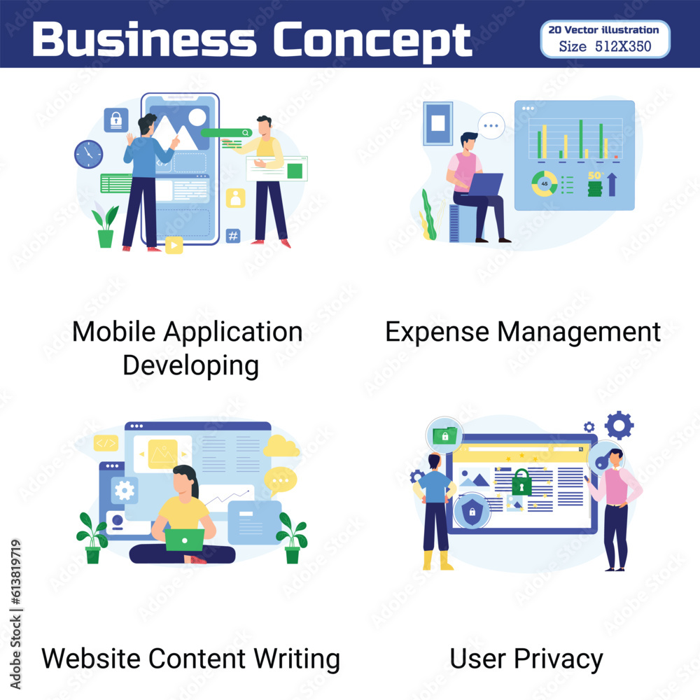 Business Concept illustrations. Concepts are easy to edit, and a Collection of scenes with men and women taking part in business activities e-commerce. Vector illustration. Business Concept illustrations. Concepts are easy to edit, and a Collection of scenes with men and women taking part in business activities e-commerce. Vector illustration.