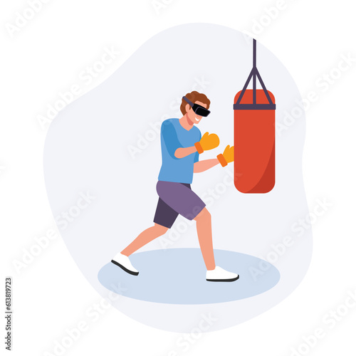Cartoon guy hits punching bag with virtual reality glasses. Experiencing virtual reality simulation. Entertainment and visual experience. Vector flat style illustration