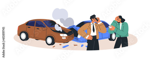 Car drivers calling for help after collision. Worried people stand near two autos damaged in road traffic accident. Transport vehicles emergency. Flat vector illustration isolated on white background