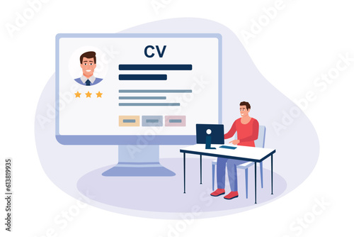 Smiling cartoon manager looks at employees profile. HR manager searching for new employees. Hiring manager occupation. Human resource management. HR department staff. Vector