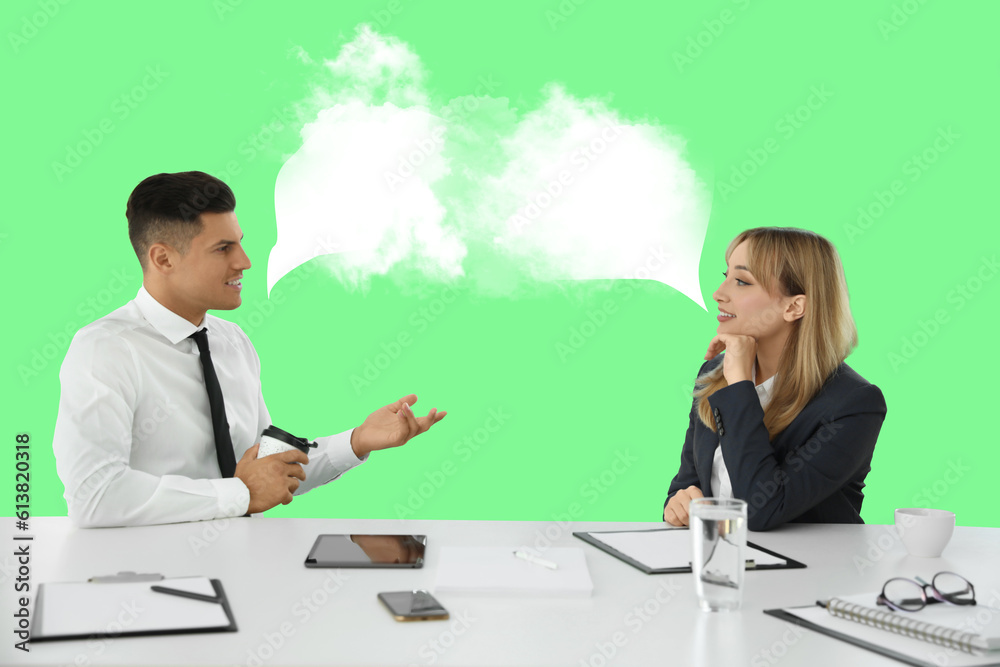 Office employees talking at table during meeting. Dialogue illustration with speech bubbles in smoke on green background Office employees talking at table during meeting. Dialogue illustration with speech bubbles in smoke on green background