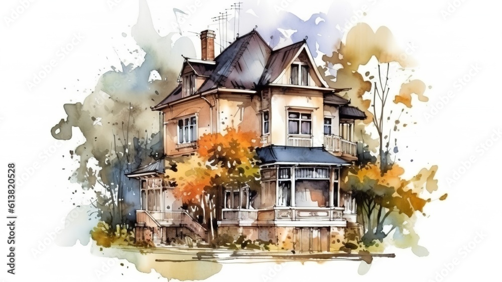 a beautiful picture of a house painted with watercolors