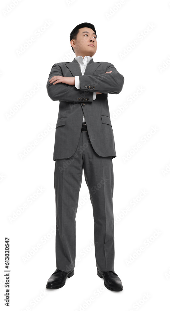 Businessman in suit posing on white background, low angle view Businessman in suit posing on white background, low angle view