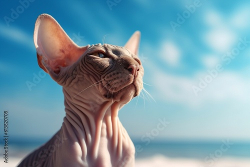 Portrait of a Sphynx cat relaxing while enjoying the sunny atmosphere on the beach with a blue sky. Generative AI  © moufau